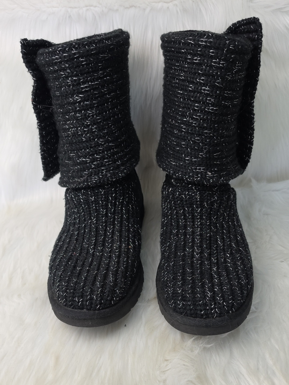 UGG Classic Cardi Black Knit Silver Metallic Tinsel Sweater Slouchy Tall Boots 8 - Picture 3 of 9